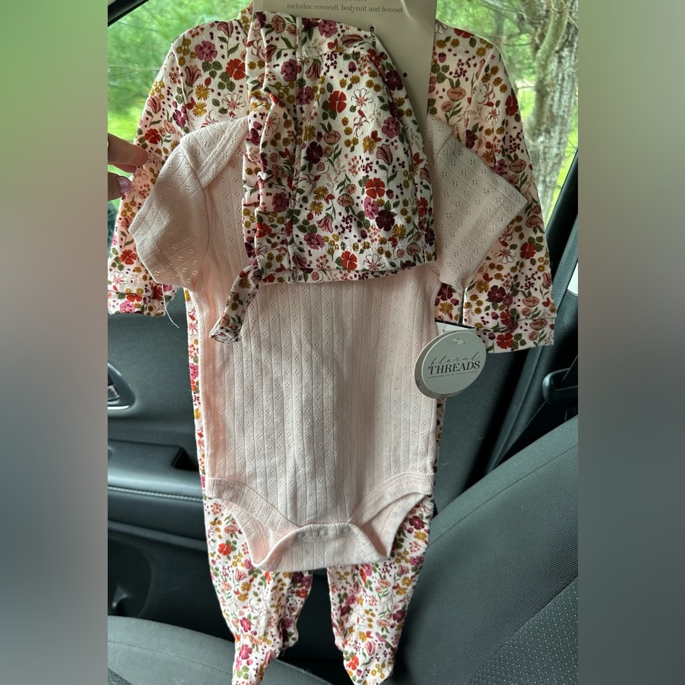 NWT 3 Piece Floral Threads Size 6-9 months,Floral Feeties,Pink Onesie,Cap